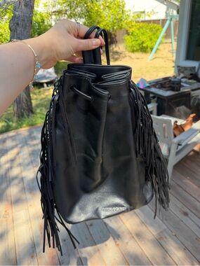 Victoria’s Secret Fringe Backpack Black Faux Leather Boho Y2K